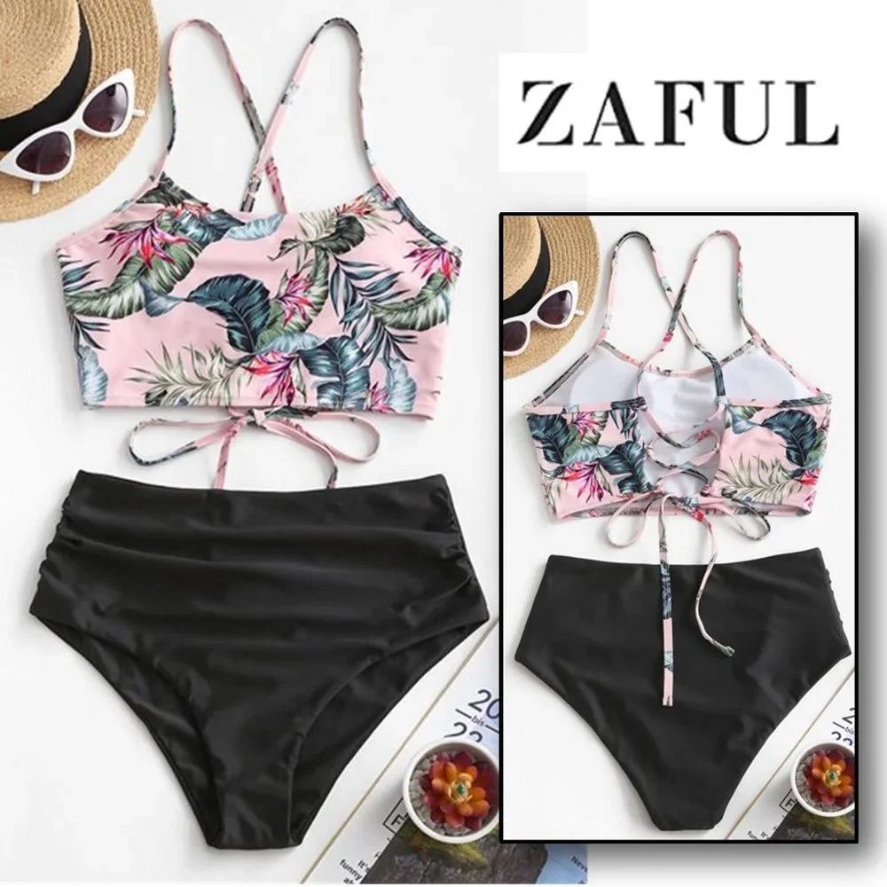 ZAFUL Vacation Leaf Print Lace-up Ruched Swimsuit 🌿🌿 NEW WITH TAGS!